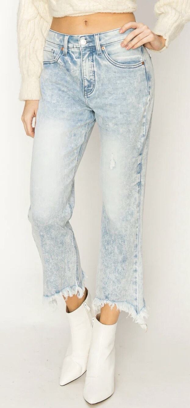 Artemis Vintage Ava High Rise Crop Flare Jeans Fray Distressed Hem Light Wash 7